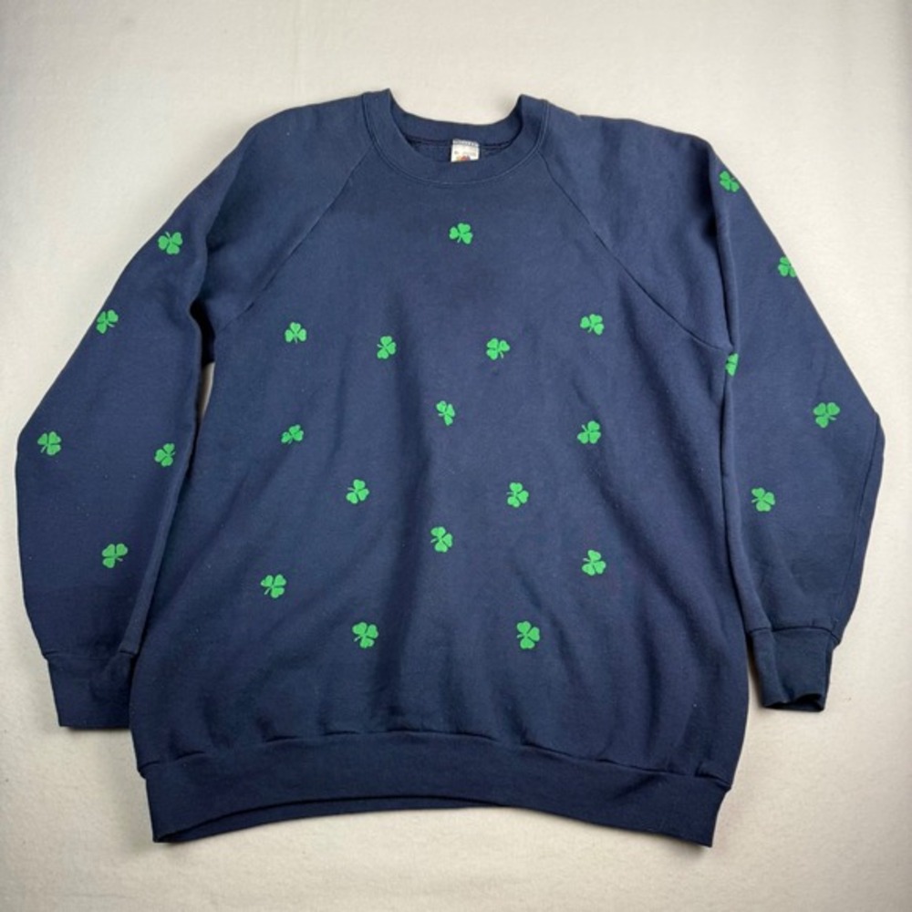 Vintage Fruit of the‎ Loom Shamrock Sweatshirt XL Navy Blue Clover Made in USA